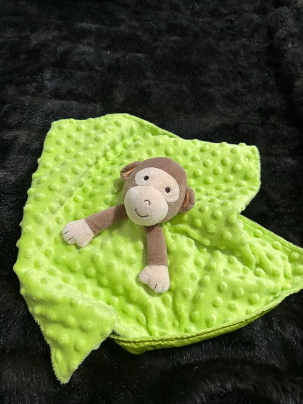 Okie dokie Monkey Lovey Security Blanket Green Minky Dots Silk Lined Rattle